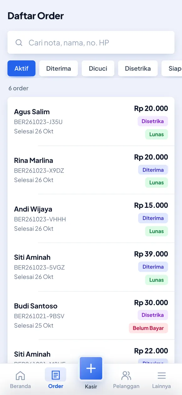 Tampilan Daftar order